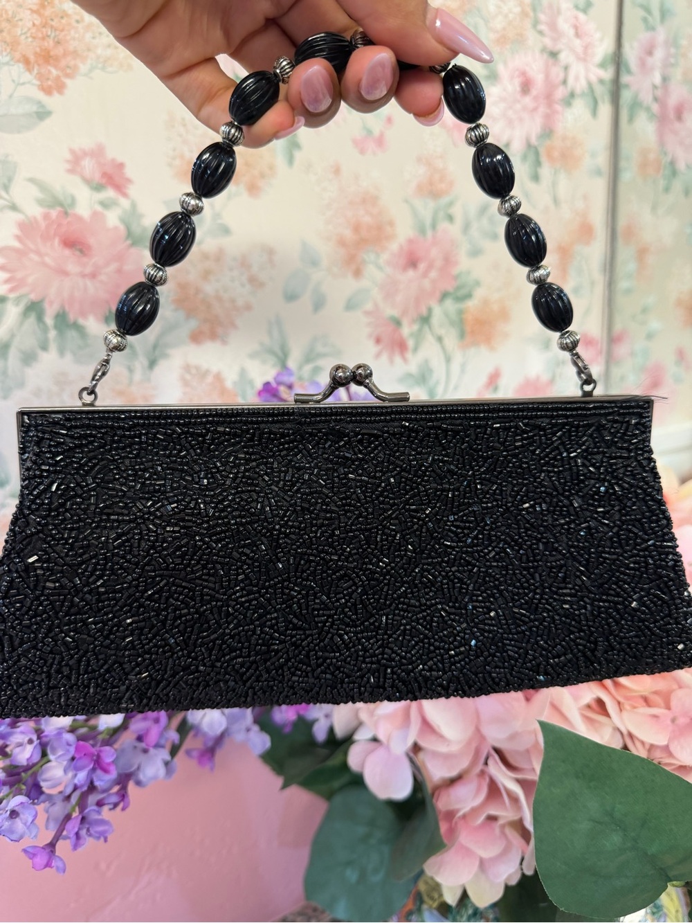 American Vintage Black Beaded Frame Clutch with Beaded Handle